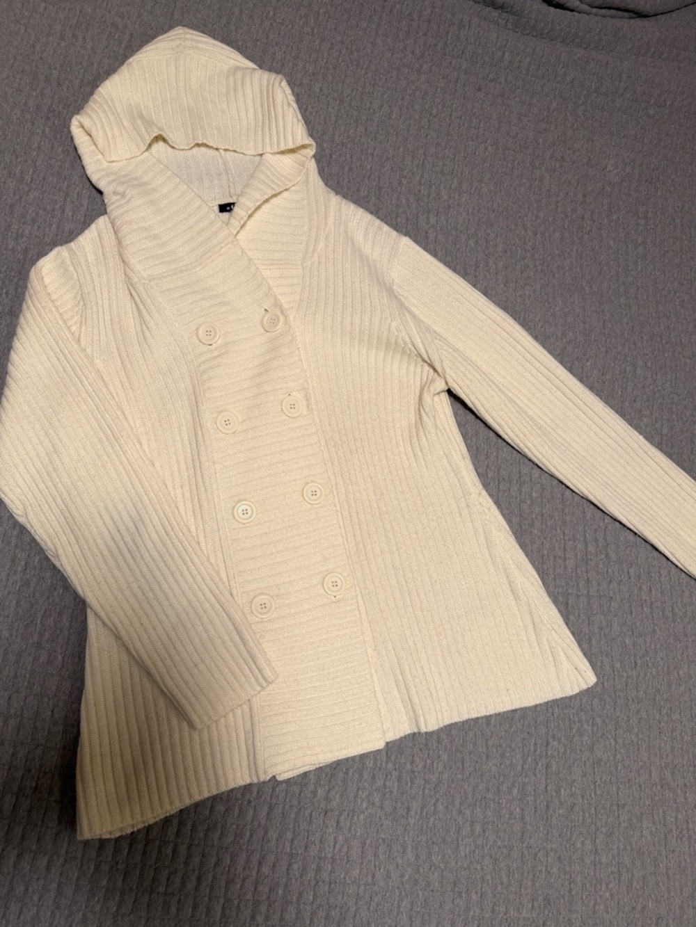 Women’s Hooded Double-Breasted Ribbed Cardigan - Cream